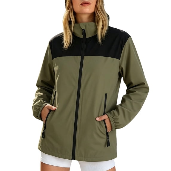 Lmueinov Women Windbreaker Jacket with Zip Pockets Full Zip Up Vintage Color Block Rain Jacket Windproof Lightweight Hiking Jacket Outdoor Casual Coat M-4XL