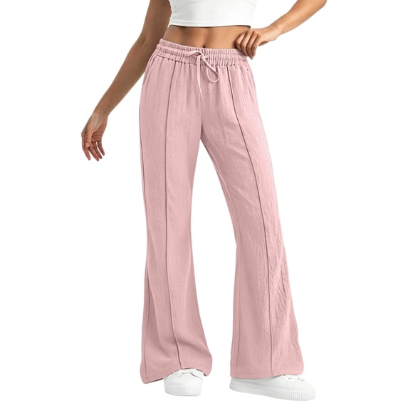 Lmueinov Women's 100% Cotton Flare Leg Pants Elastic High Waist Adjustable D string Casual Stretchy Wide Leg Trousers with Pockets, S-XXL
