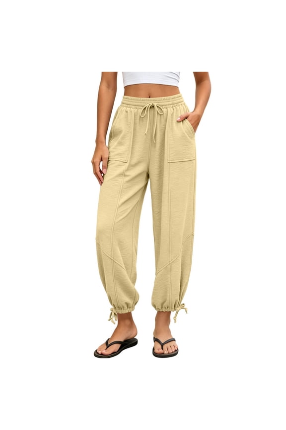 Women's 100% Cotton Jogger Pants Elastic High Waist Adjustable D string Casual Loose Lantern Pants with Pockets, S-XXL