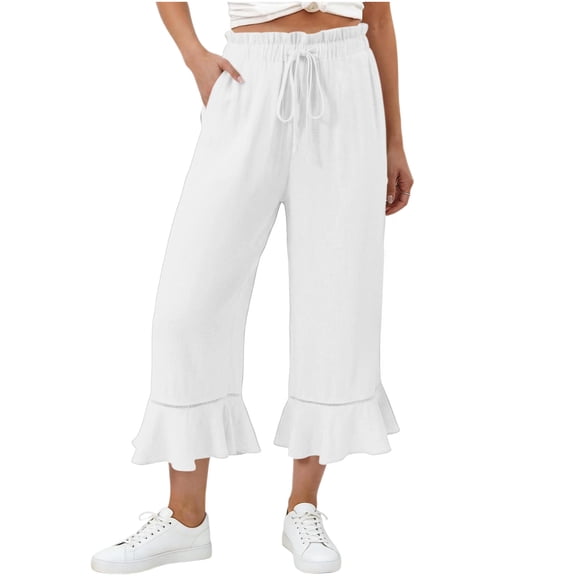 Lmueinov Women's 100% Cotton Ruffle Hem Capri Pants Ruffle Elastic High Waist D string Loose Fit Casual Summer Beach Lounge Cropped Trousers with Pockets, S-XXL