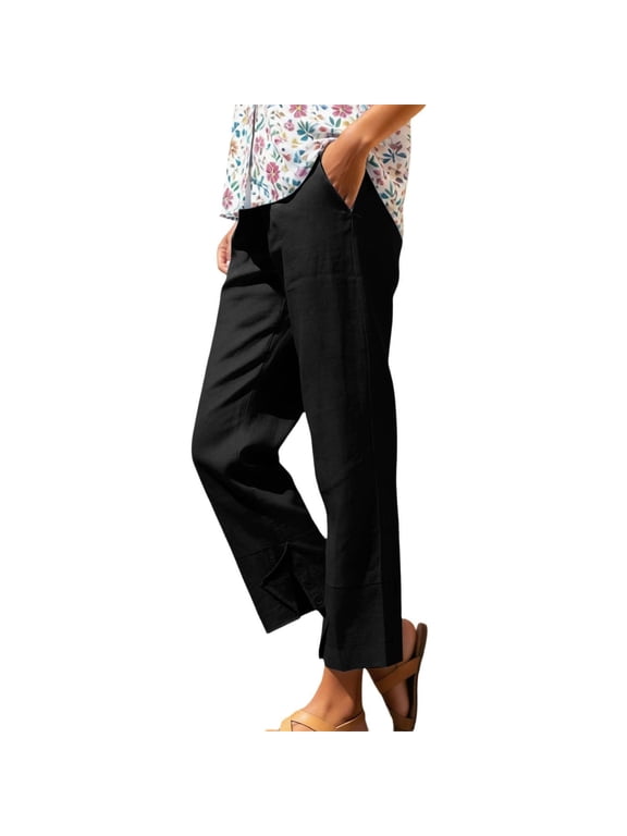 Women's 100% Cotton Straight Leg Ankle Pants, Elastic High Waist Casual Trousers with Button Split Hem & Pockets, Breathable Summer Commute Vacation Pants for Women S-2XL