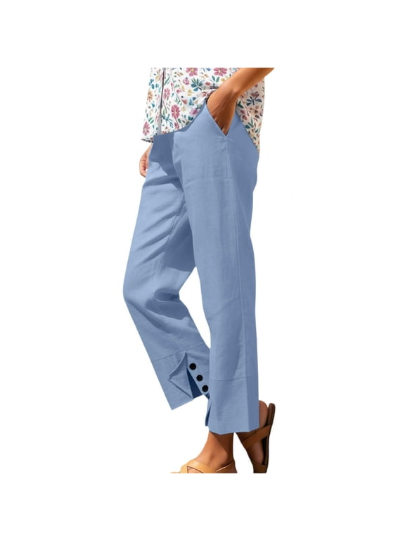 Women's 100% Cotton Straight Leg Ankle Pants, Elastic High Waist Casual Trousers with Button Split Hem & Pockets, Breathable Summer Commute Vacation Pants for Women S-2XL