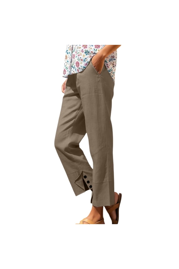 Women's 100% Cotton Straight Leg Ankle Pants, Elastic High Waist Casual Trousers with Button Split Hem & Pockets, Breathable Summer Commute Vacation Pants for Women S-2XL