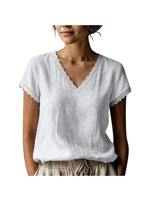 Women's 100% Cotton V Neck Lace Trim Short Sleeve Blouse, Loose Casual Breathable Summer Top for Daily Commute Wear S-2XL