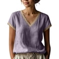 thumbnail image 1 of Lmueinov Women's 100% Cotton V Neck Lace Trim Short Sleeve Blouse, Loose Casual Breathable Summer Top for Daily Commute Wear S-2XL, 1 of 5