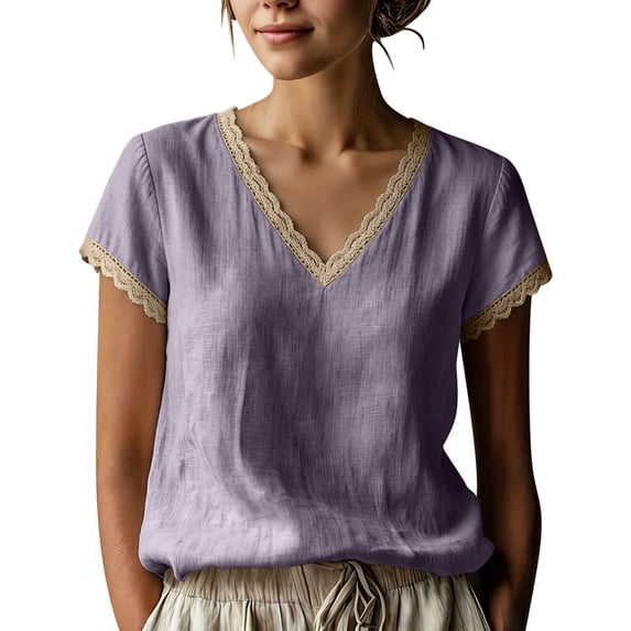 Lmueinov Women's 100% Cotton V Neck Lace Trim Short Sleeve Blouse, Loose Casual Breathable Summer Top for Daily Commute Wear S-2XL