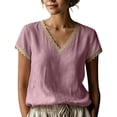 thumbnail image 1 of Lmueinov Women's 100% Cotton V Neck Lace Trim Short Sleeve Blouse, Loose Casual Breathable Summer Top for Daily Commute Wear S-2XL, 1 of 5