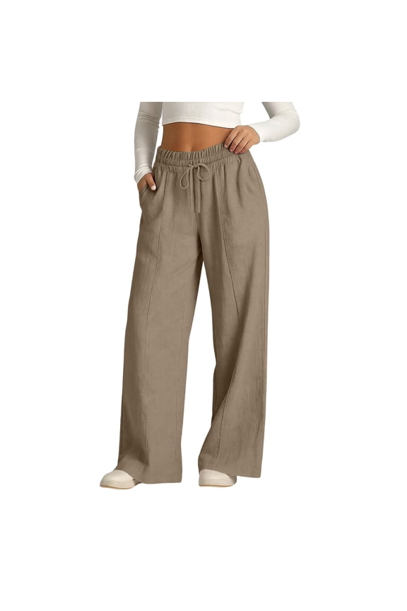 Women's 100% Cotton Wide Leg Pants Elastic High Waist Adjustable D string Casual Flowy Palazzo Trousers with Pockets, S-XXL