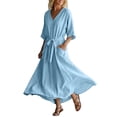 thumbnail image 1 of Lmueinov Women's 100% Polyester V Neck 3/4 Sleeve Maxi Dress, Adjustable Tie Waist Flowy A-Line Long Dress with Pockets for Beach Vacation Casual Wear S-3XL, 1 of 4