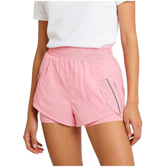 Lmueinov Women's 2 in 1 Running Shorts Elastic High Waist Quick Dry Athletic Workout Shorts with Zipper Pockets Anti-Chafe Liner for Gym Yoga Sports, S-XXL