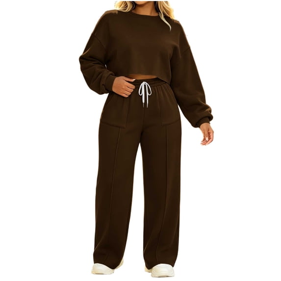 Lmueinov Women's 2 Piece Lounge Set Soft Sweatsuits Crewneck Sweatshirts Drawstring Wide Leg Pants for Women Long Sleeve Tops Workout Office Outfits