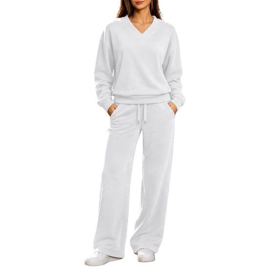 Lmueinov Women's 2 Piece V-Neck Pullover Sweatshirts Drawstring Wide Leg Pants Lounge Set Soft Fleece Long Sleeve Tops Workout Office Sweatsuit
