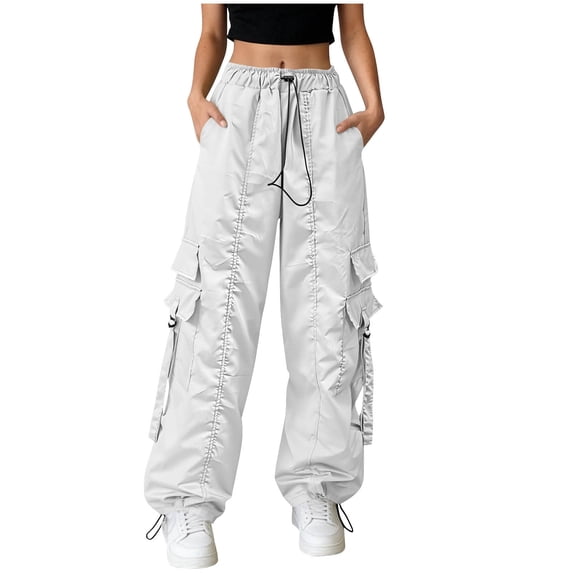 Lmueinov Women's 90s Retro Parachute Cargo Pants Elastic Waist D string Multi Pockets Baggy Wide Leg Streetwear Casual Hiking Jogger Pants, S-XXL