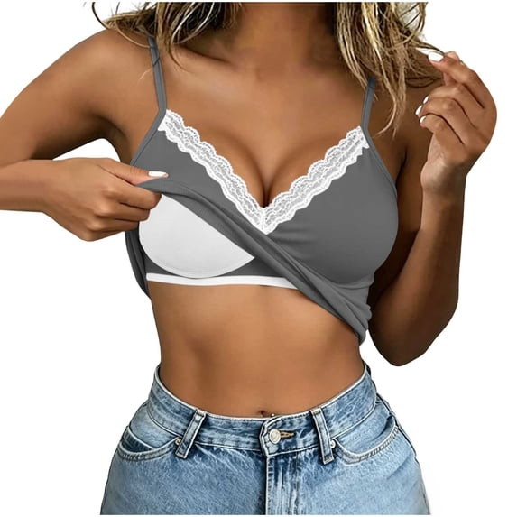 Lmueinov Women's Basic V-Neck Tank Tops with Built in Bra Adjustable Lace Trim Cami Tank for Women Solid Stretch Summer Fall Sleeveless Tops