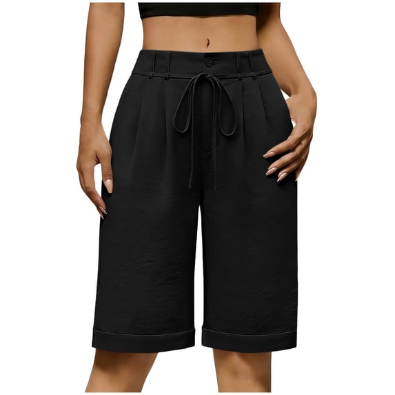 Lmueinov Women's Bermuda Shorts, High Waisted Pleated Dress Shorts with Drawstring, Casual Knee Length Summer Work Business Pants