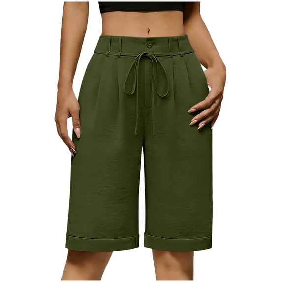 Lmueinov Women's Bermuda Shorts, High Waisted Pleated Dress Shorts with Drawstring, Casual Knee Length Summer Work Business Pants