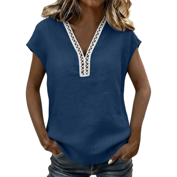 Lmueinov Women's Boho Cap Sleeve Lace Trim V Neck Tops 2026 Summer Casual Loose Beach Vacation Tee Shirts Blouse