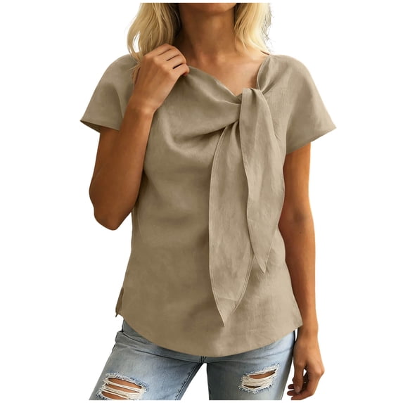 Lmueinov 2026 Summer Women's Bow Tie Neck Cotton Linen Short Sleeve Tops, Casual Loose Fit Elegant Blouses S-3XL