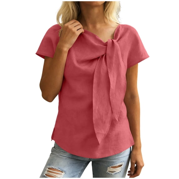Lmueinov 2026 Summer Women's Bow Tie Neck Cotton Linen Short Sleeve Tops, Casual Loose Fit Elegant Blouses S-3XL