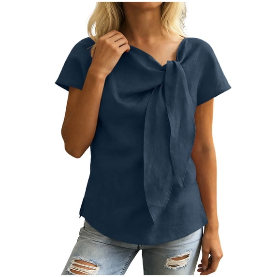 Lmueinov 2026 Summer Women's Bow Tie Neck Cotton Linen Short Sleeve Tops, Casual Loose Fit Elegant Blouses S-3XL