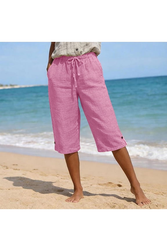Women's Casual Capri Pants, Cotton Linen Cropped Trousers with Drawstring Waist and Pockets, Button Hem Summer Beach