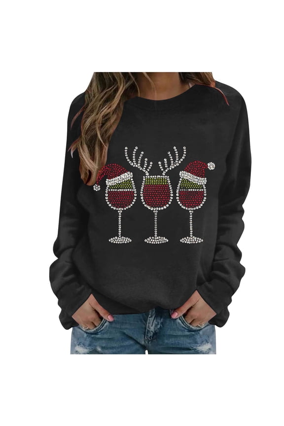 Christmas Sweatshirts for Women Graphic Christmas Rhinestone Sweatshirt Long Sleeve Crewneck Sparkly Tops Holiday Pullover Cute Tops Tshirt, Christmas Gifts