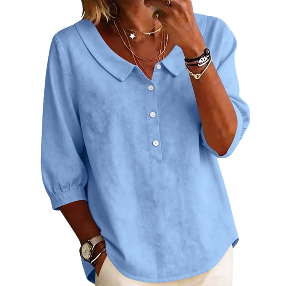 Lmueinov Women's Collared Half Button 3/4 Sleeve Cotton Blouse, Loose Casual Workwear Top for Daily Commute Wear S-2XL