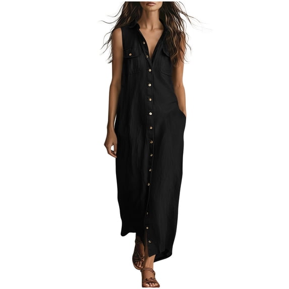 Lmueinov Women's Cotton-Linen Blend Sleeveless Button Down Shirt Maxi Dress, Collared Casual Long Dress with Pockets S-2XL