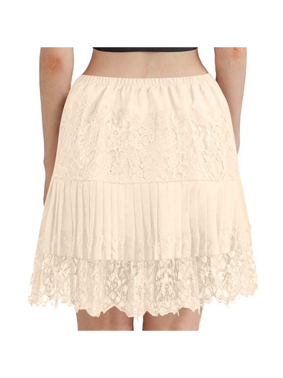 Women's Double Layer Lace Pleated Elastic Waist Petticoat, Soft Sheer Underskirt Extender for Dresses Daily Wear S-2XL