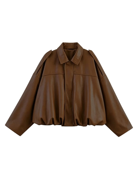 Women's Leather Jacket for Fall and Winter Batwing Sleeve Zip Up Boyfriend Bomber Jackets Elastic Hem Solid Collared Casual Outerwear