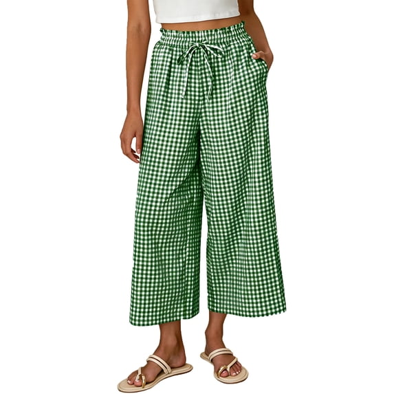 Lmueinov Women's Gingham Checkered Drawstring Wide Leg Capri Pants, Ruffle Elastic Waist Casual Trousers with Pockets, Summer Vacation Beach Daily Wear Cropped Pants for Women S-2XL