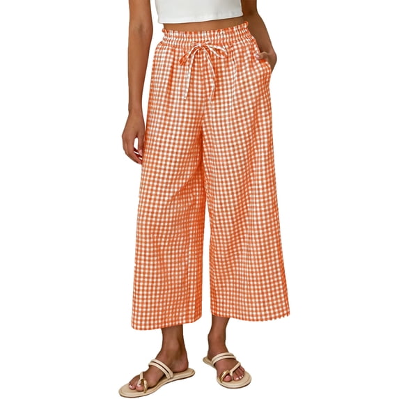 Lmueinov Women's Gingham Checkered Drawstring Wide Leg Capri Pants, Ruffle Elastic Waist Casual Trousers with Pockets, Summer Vacation Beach Daily Wear Cropped Pants for Women S-2XL