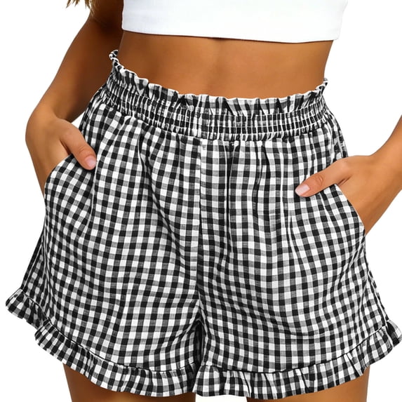Lmueinov Women's Gingham Ruffle Trim Smocked Waist Shorts, Loose Casual Pocketed Summer Shorts for Daily Vacation Wear S-2XL