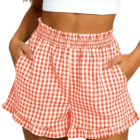 Lmueinov Women's Gingham Ruffle Trim Smocked Waist Shorts, Loose Casual Pocketed Summer Shorts for Daily Vacation Wear S-2XL