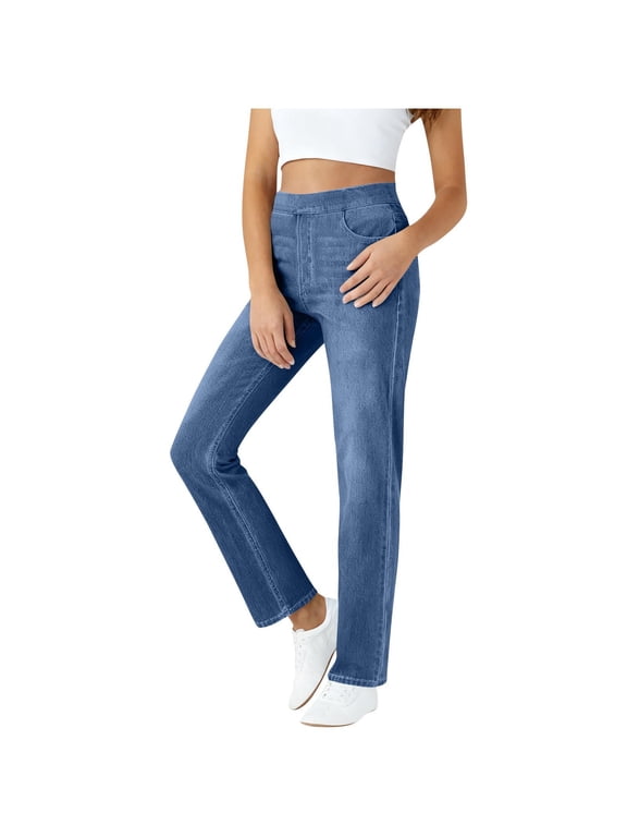 Women's High Waist Pull On Jeans Elastic Waist Stretchy Straight Leg Casual Comfort Denim Pants with Pockets, S-XXL