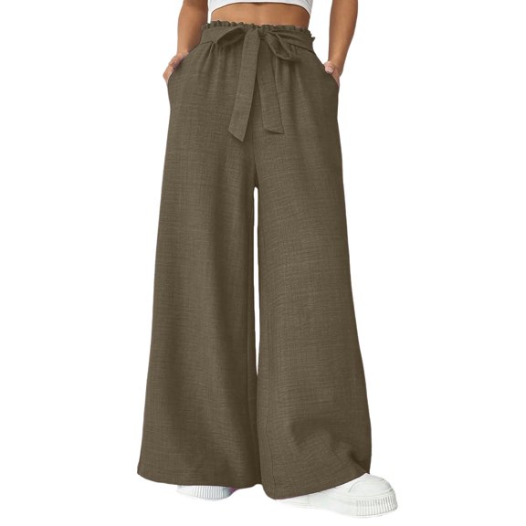 Lmueinov Women's Paperbag Waist Bow Tie Wide Leg Pants, Casual Hemp Polyester Blend Flowy High Waist Trousers with Pockets, S-XL