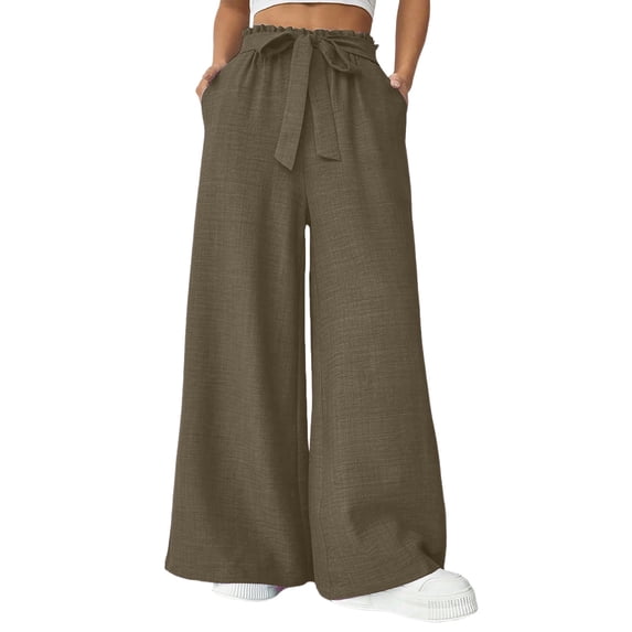 Lmueinov Women's Paperbag Waist Bow Tie Wide Leg Pants, Casual Hemp Polyester Blend Flowy High Waist Trousers with Pockets, S-XL