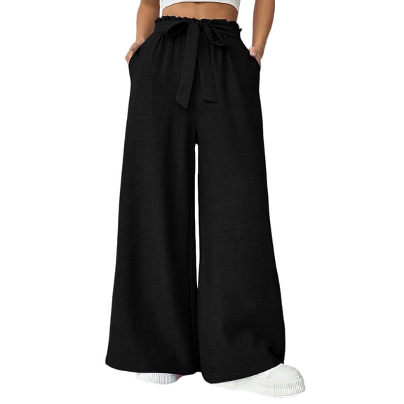 Lmueinov Women's Paperbag Waist Bow Tie Wide Leg Pants, Casual Hemp Polyester Blend Flowy High Waist Trousers with Pockets, S-XL