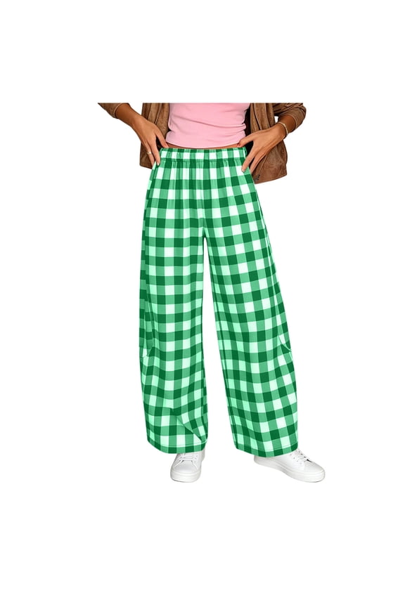 Women's Plaid Checkered Elastic Waist Wide Leg Pants, Soft Stretchy Casual Loose Long Trousers for Daily Commute Wear S-2XL