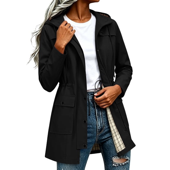 Lmueinov Women's Plaid Lined Hooded Drawstring Waist Waterproof Trench Coats, Casual Oxford Cloth Coat for Fall Winter S-2XL