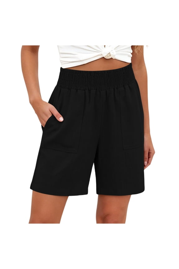 Women's Smocked High Waist Bermuda Shorts Cotton Blend Elastic Waist Loose Fit Casual Summer Beach Lounge Shorts with Pockets, S-XXL