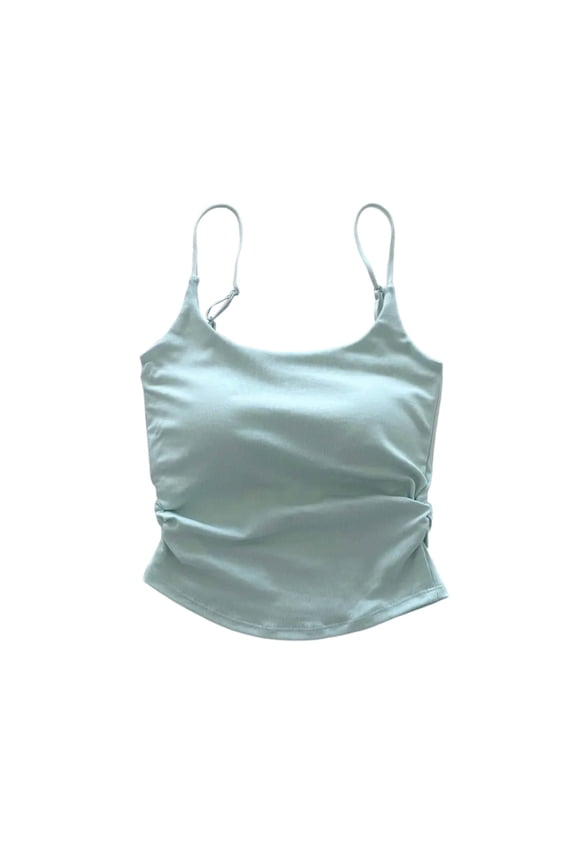 Women's Spaghetti Strap Camisoles with Built-in Bra Side Ruched Crop Tank Tops Soft Stretch Sleeveless Basic Cami Shirts for Daily Layering Wear, Free Size