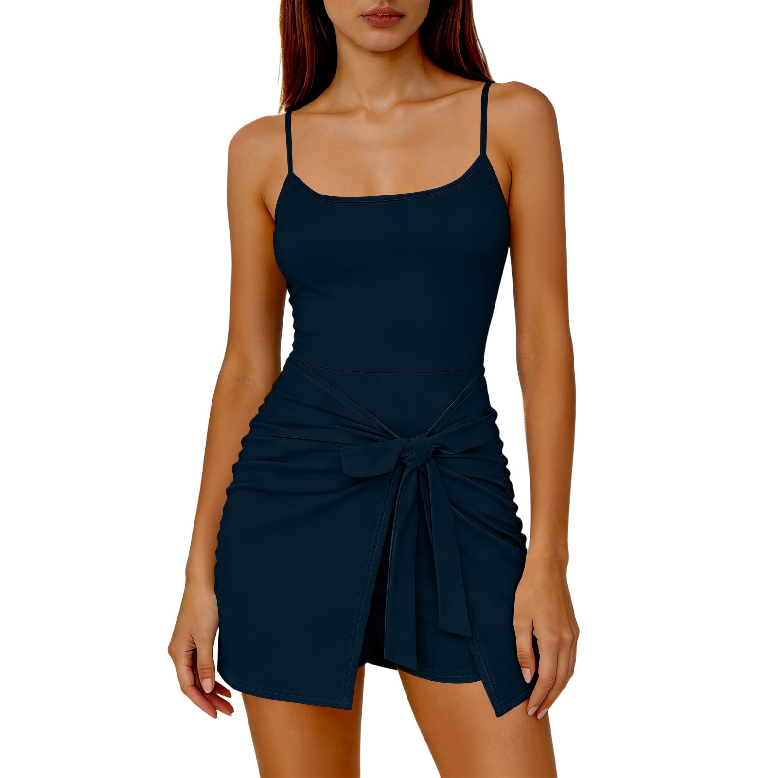 bodycon romper dress Lmueinov Women's Spaghetti Strap Tie Front Built-in Shorts Sleeveless Slim Fit Ruched Short Dress for Summer Party Club Daily in shorts for comfort Smart Casual Clothes for Men Contact Support | Pretty Size:UK 7 / EU 41