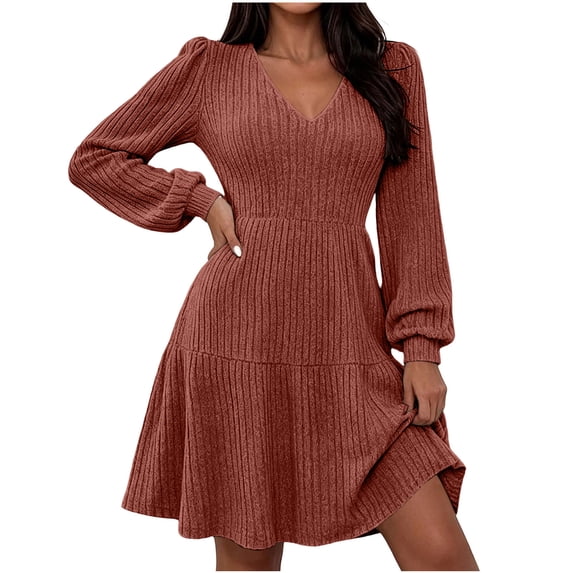 Lmueinov Women's Sweater Dress V-Neck Long Sleeve Ribbed Knit Mini Dress Flowy Tunic Short Dress Casual Fall Winter Swing Dress Daily Dating Outfits