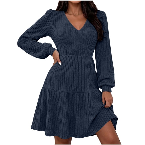 Lmueinov Women's Sweater Dress V-Neck Long Sleeve Ribbed Knit Mini Dress Flowy Tunic Short Dress Casual Fall Winter Swing Dress Daily Dating Outfits