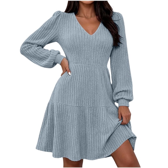 Lmueinov Women's Sweater Dress V-Neck Long Sleeve Ribbed Knit Mini Dress Flowy Tunic Short Dress Casual Fall Winter Swing Dress Daily Dating Outfits