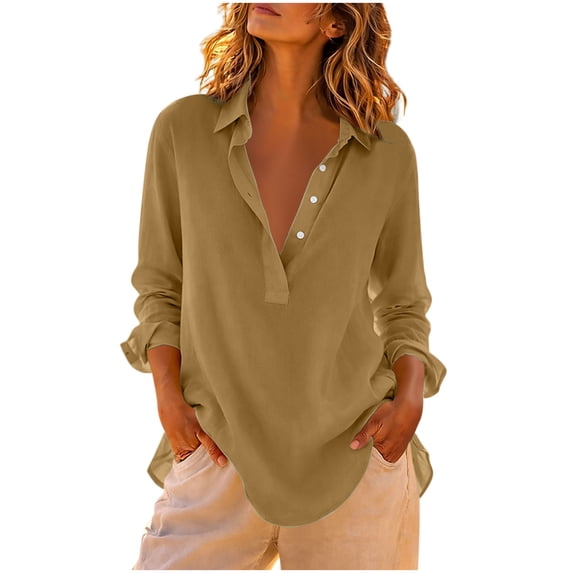 Lmueinov Womens 100% Cotton Blouses Collared Long Sleeve V-Neck Casual Tops Button Front Loose Fit Solid Trendy Going Out Shirts for Everyday Wear