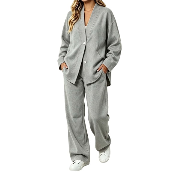 Lmueinov Womens 2 Piece Outfit Set Fleece Sweatsuit Button Down Sweatshirts Cardigan and Straight Leg Sweatpants for Women Lounge Set with Pockets