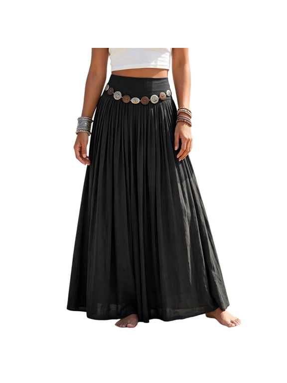 Womens Boho Maxi Skirts with Waist Chain Flowy Cotton Linen High Elastic Waist Skirts for Women A Line Beach Long Skirts