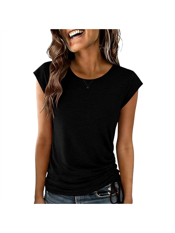 Womens Cap Sleeve Summer Tops Drawstring Side Short Sleeve Crew Neck Casual Solid Color T-Shirt Cute Trendy Shirts 2026